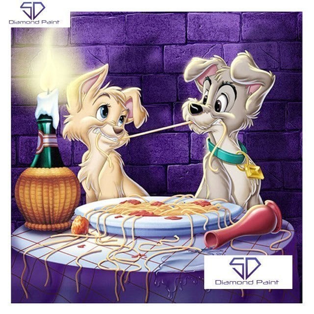Diamond Painting - Lady og vagabonden spiser spaghetti - Restsalg thumbnail