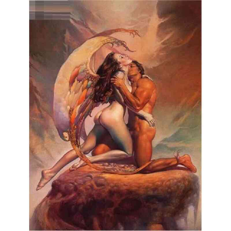 "Nøgen engel og mand" Diamond Paint fremviser en betagende nøgen kvindelig engel og en mand udstrålende rå maskulinitet, der står forenet på en drømmende sky.