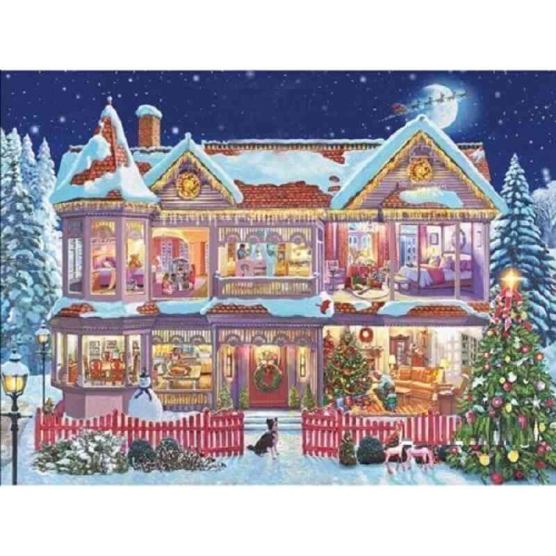 Julehus med flyvende julemand - Diamond Paint