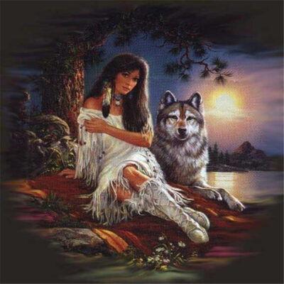 Indianerpige og ulv i diamond paint