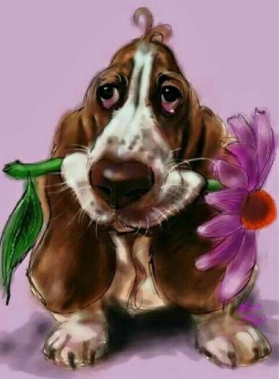 Diamond Painting - Basset-hund med blomst thumbnail