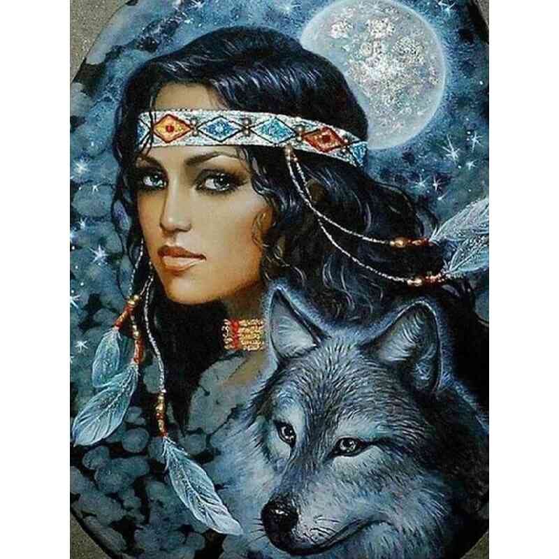 Indianerdame med ulv i diamond paint