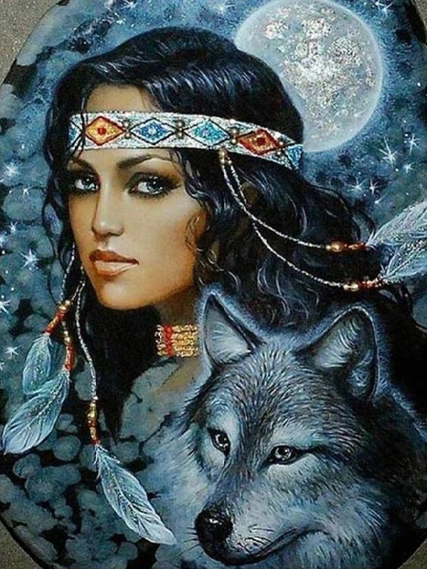 Diamond Painting - Indianerkvinde med ulv thumbnail