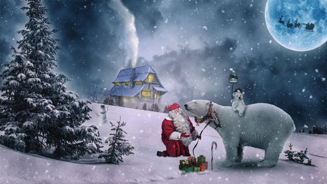 Snelandskab med julemand med isbjørn