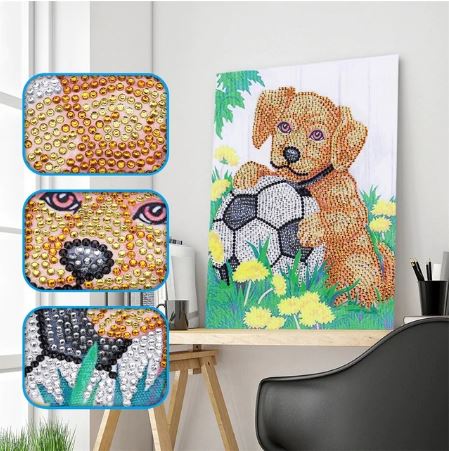 Diamond Painting - Sød hundehvalp med fodbold (Bling Bling) thumbnail