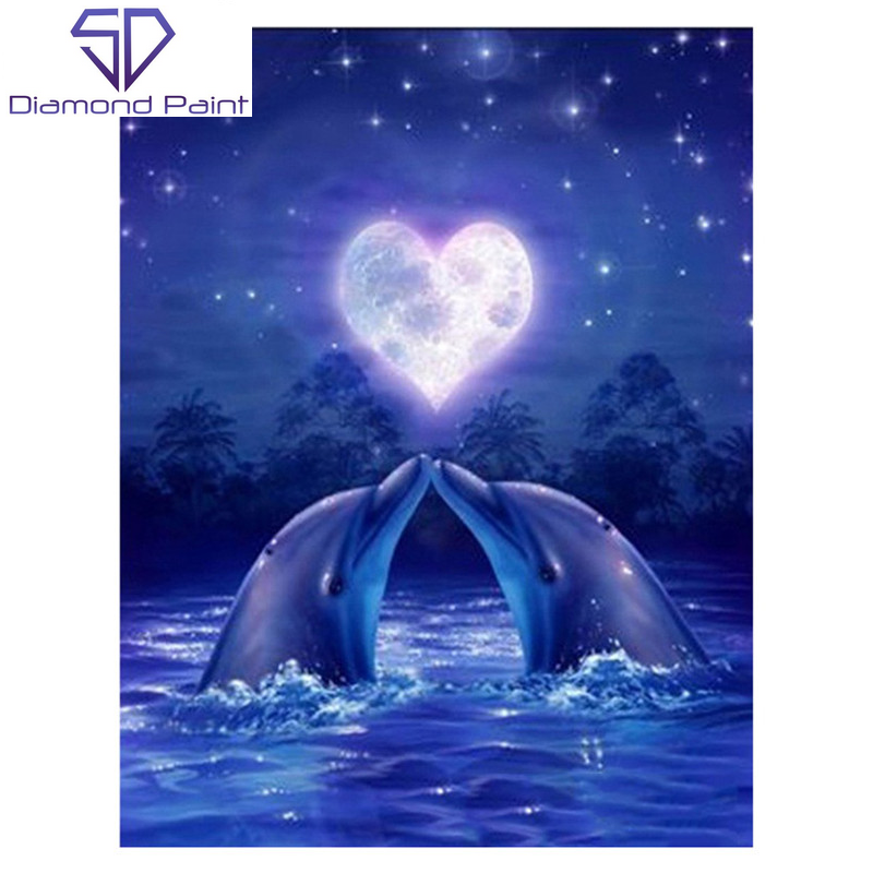 Diamond Painting - Delfiner under hjerteformet måne thumbnail