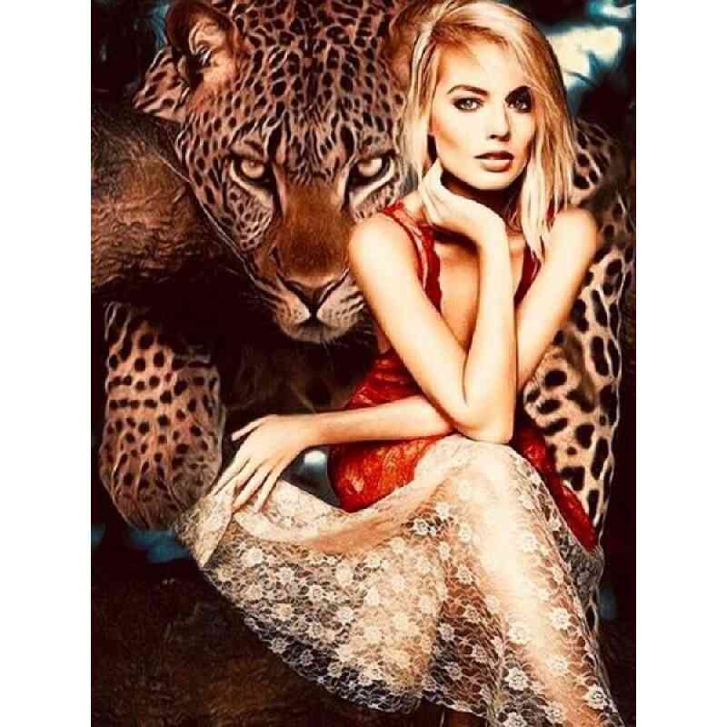 Leopard med kvinde i diamond paint