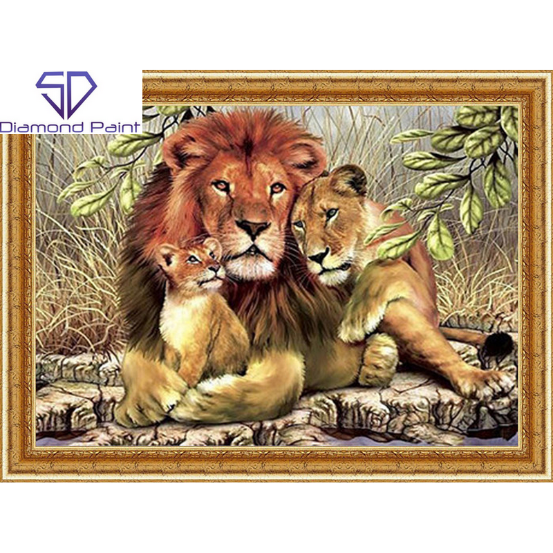 Diamond Painting - Løvefamilie med indbygget ramme thumbnail