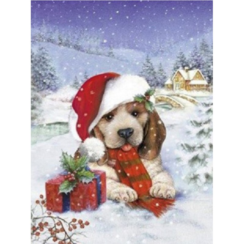 Diamond Painting - Hund med gave i sneen thumbnail