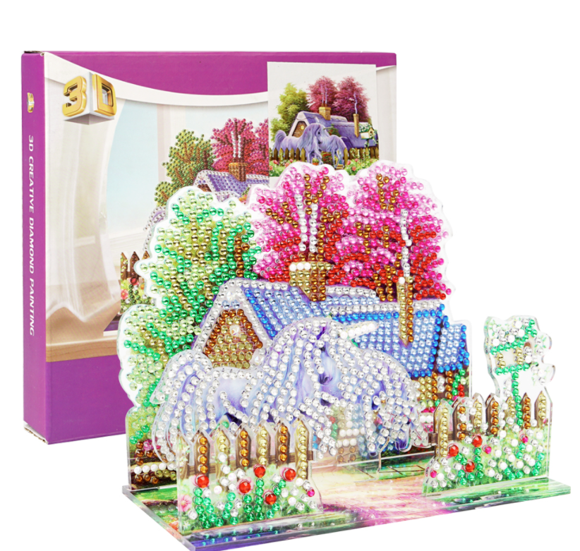 Diamond Painting - 3D-billede af to heste foran lyserøde træer thumbnail