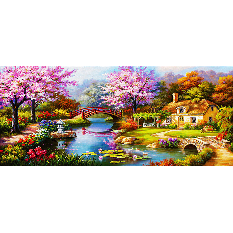 Diamond Painting - Landskab med bro og lilla træer - A thumbnail