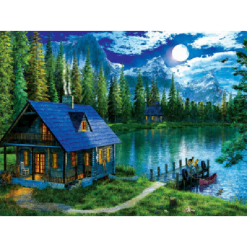Nattebillede med hus og sø i diamond paint