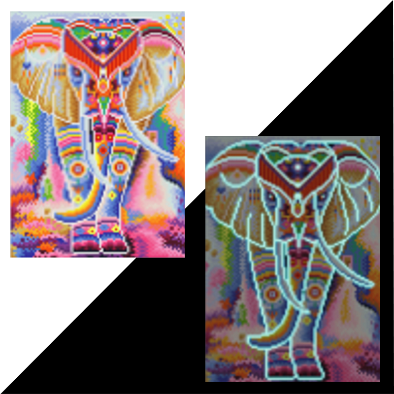Diamond Painting - Farverig elefant i selvlysende diamanter thumbnail