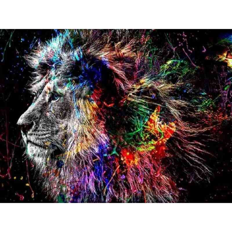 Løve fra siden med mange farver i diamond paint