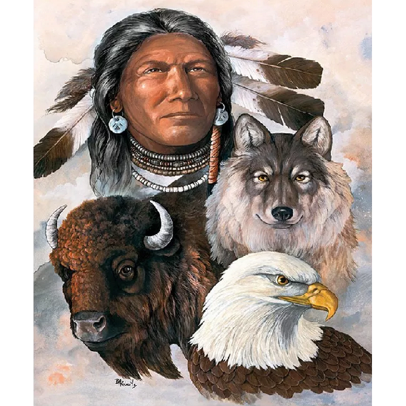 Indianer med bison, ulv og ørn