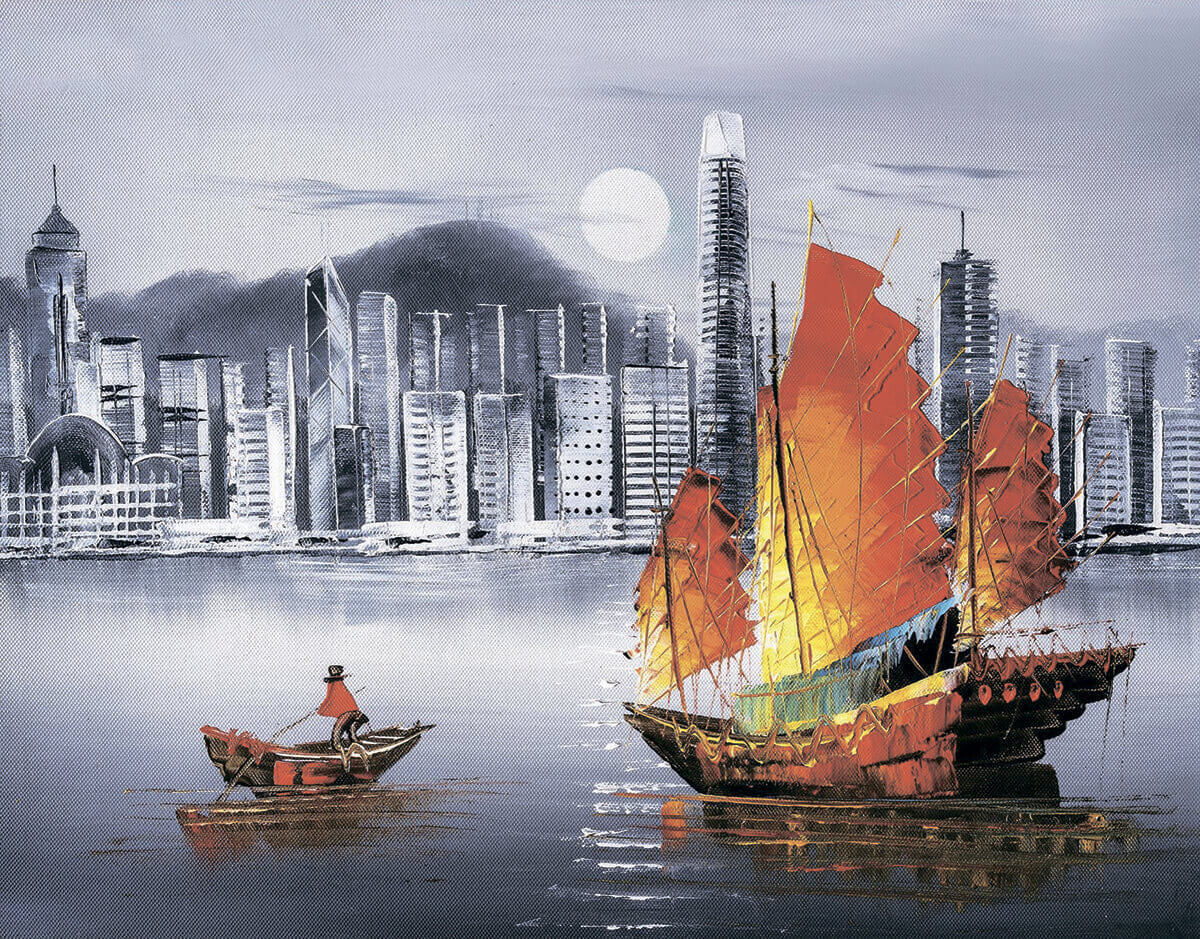 Diamond Painting - Hong Kong om natten - på ramme thumbnail