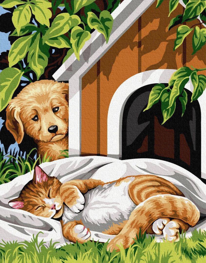 Diamond Painting - Hund og kat ved hundehus thumbnail