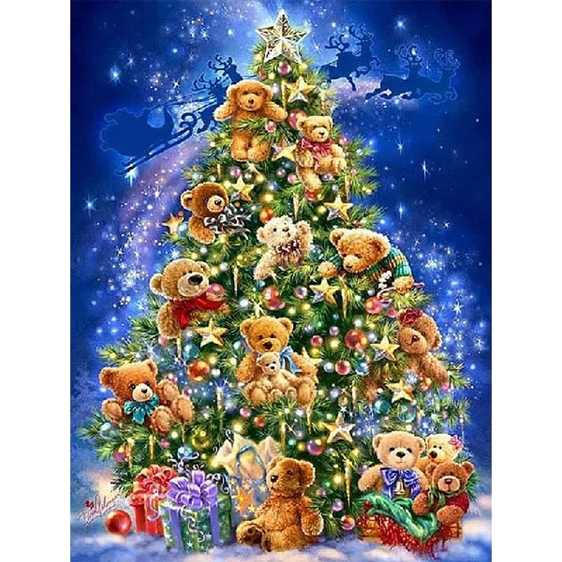 Juletræ med bamser i diamond paint
