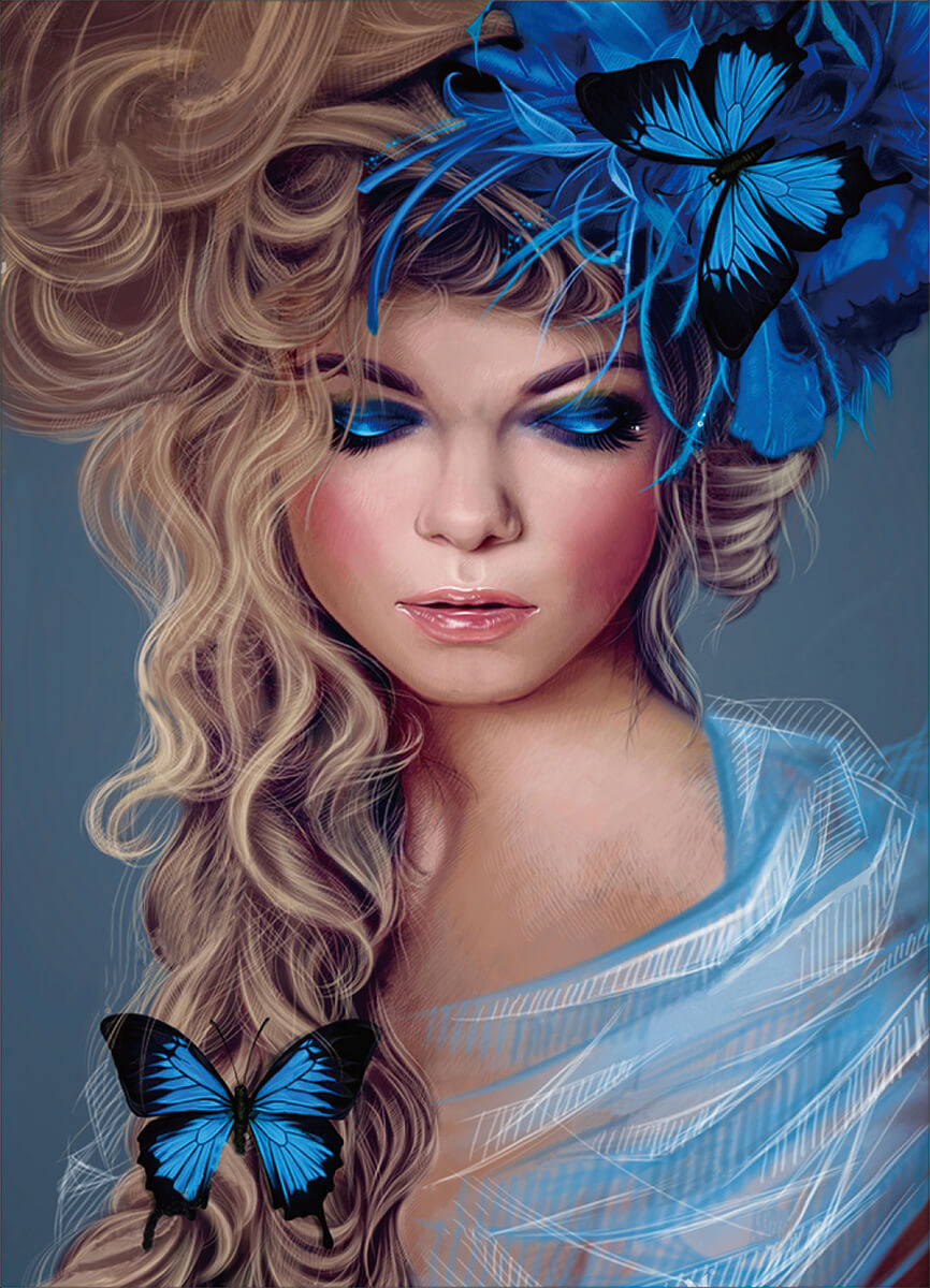 Diamond Painting - Kvinde med blå blomst i håret - på ramme thumbnail