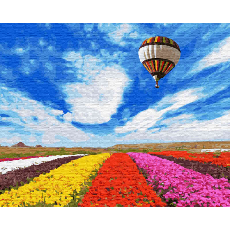Luftballon over farverige blomster