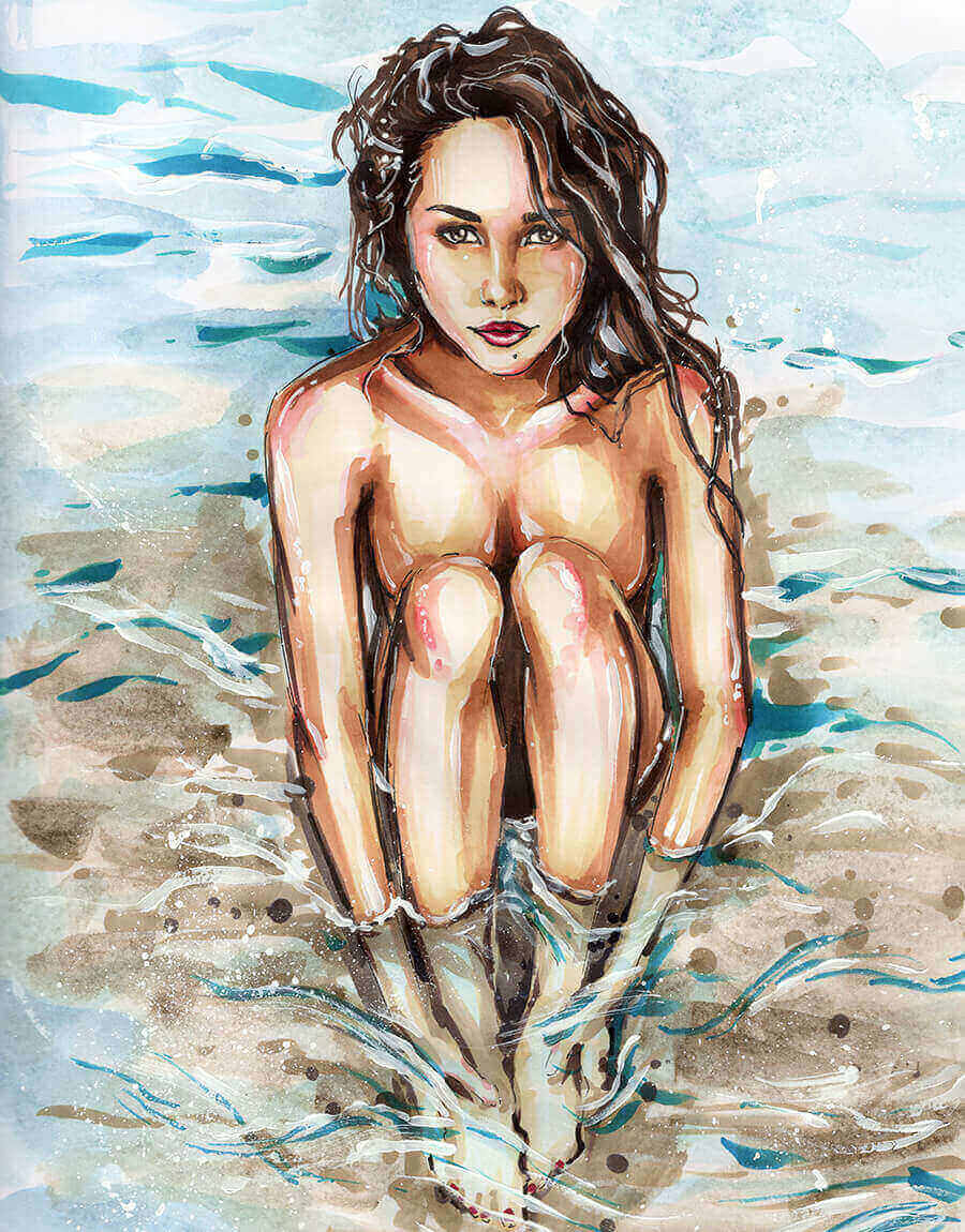 Diamond Painting - Nøgen kvinde i vandkanten - på ramme thumbnail