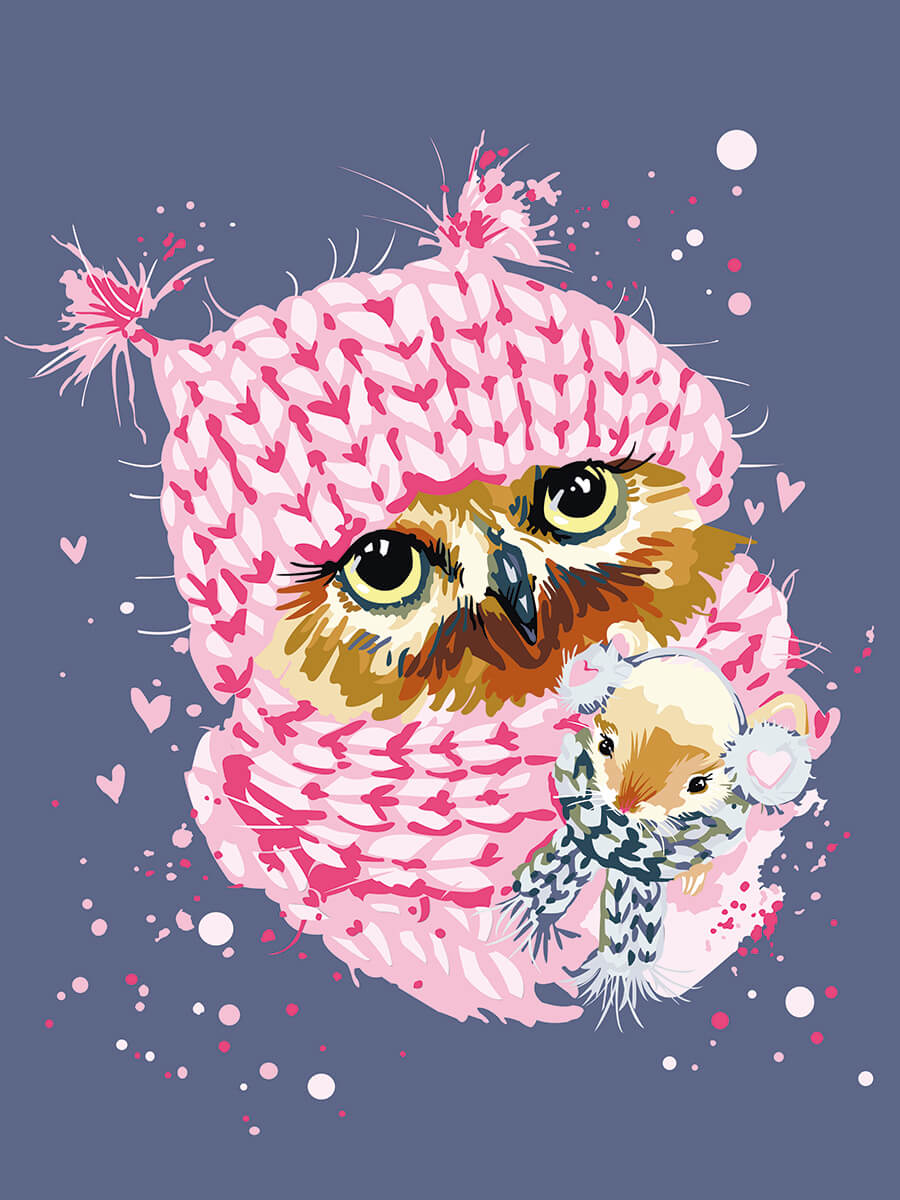 Diamond Painting - Ugle med lyserødt vintertøj thumbnail
