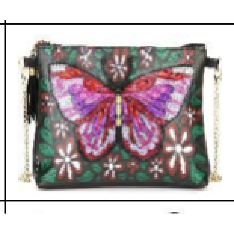Taske - grøn med lilla sommerfugl - diamond paint