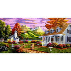 Hus, kirke og bjerge -i diamond paint