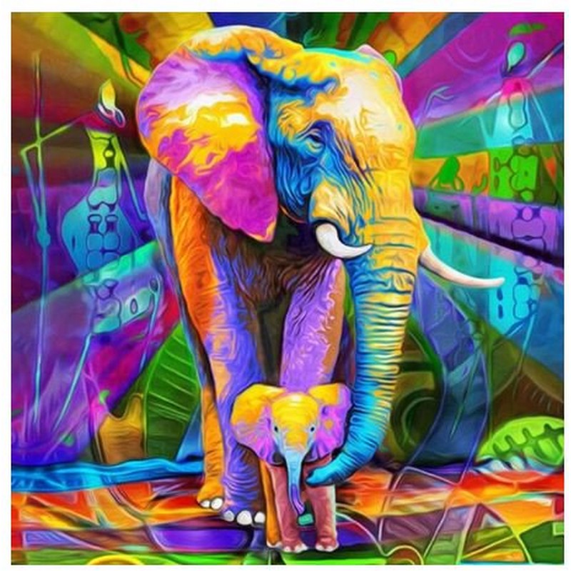 Farverig elefant med unge - i diamond paint