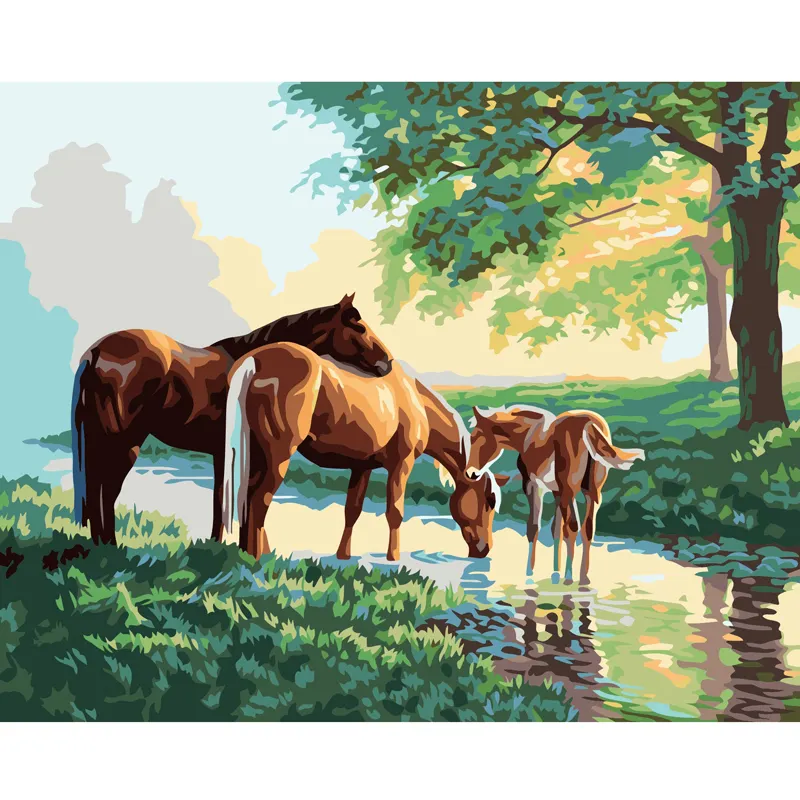 Diamond Painting - Hestefamilie ved vandløb thumbnail