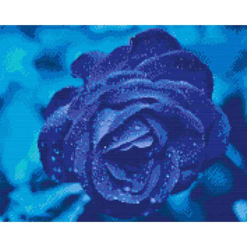 Diamond art af en blå rose i den dybeste nuance af blå.