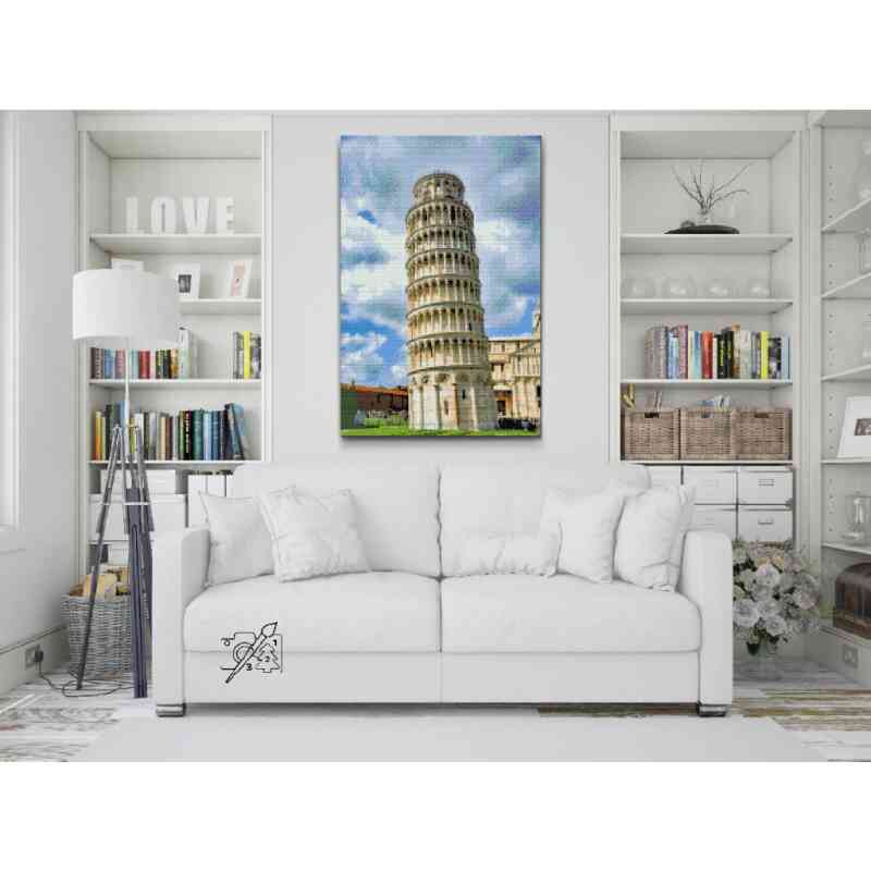 Diamond art-billede, der viser det ikoniske skæve tårn i Pisa.