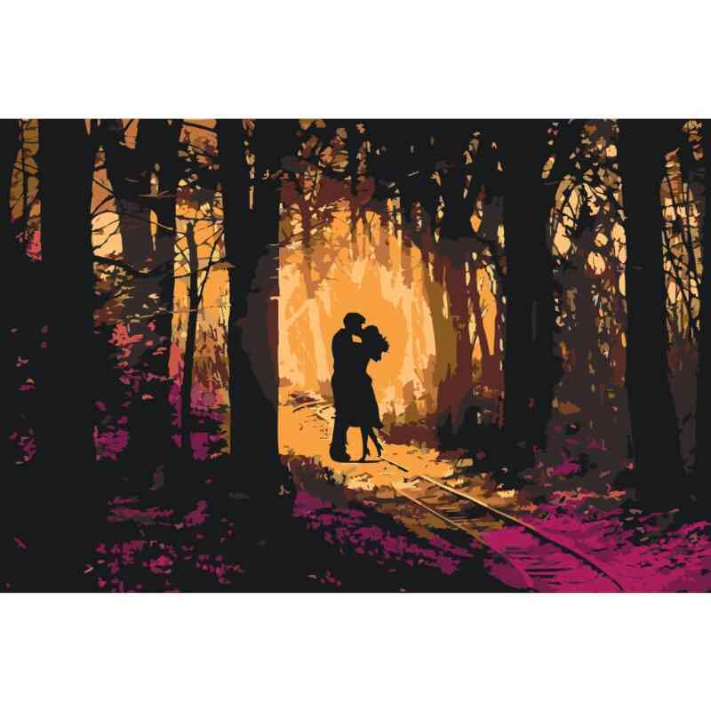 Paint by numbers-billede, med et forelsket par i skoven, som deler et kys på togskinnerne.