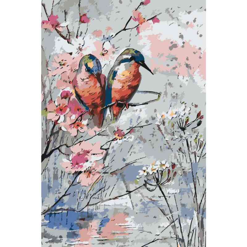 Paint by numbers-maleri, der viser to tæt siddende fugle. Billedet er præget af en smuk grå nuance med lyserøde elementer.