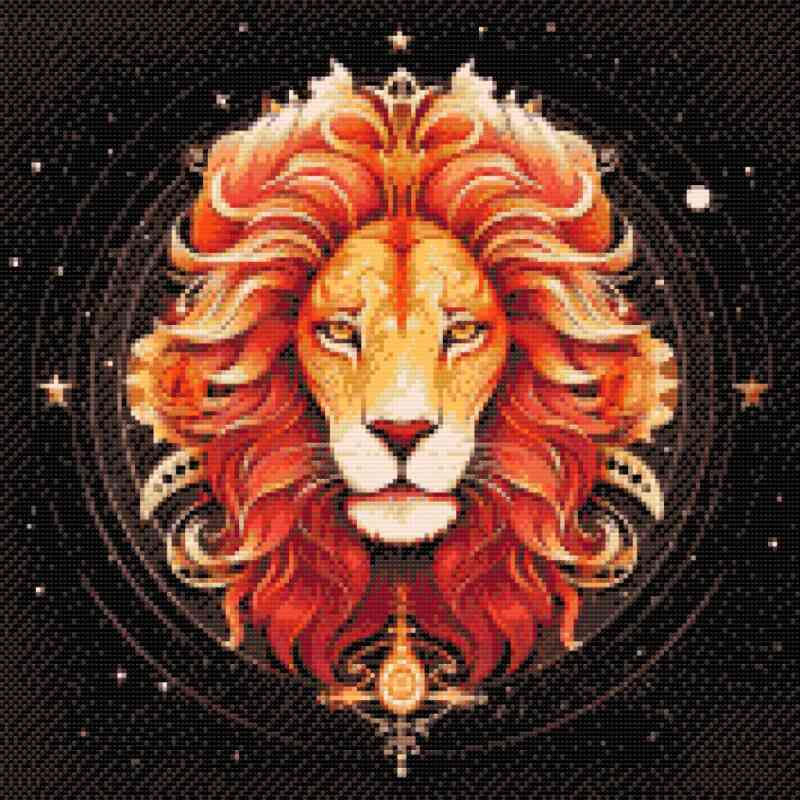 Diamond Art-billede af stjernetegnet løven i farvestrålende palet af røde og orange toner mod en sort baggrund.