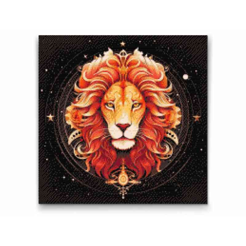 Diamond Art-maleriet af stjernetegnet Løven udfolder sig i nuancer af rødt og orange mod en elegant sort baggrund.
