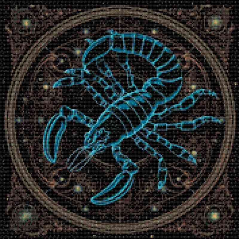 Diamond Art-billede af stjernetegnet skorpionen, kendt for sin loyalitet, selvsikkerhed og lidenskab. Billedet er i en smuk palet af mørke farver og dyb blå mod en sort baggrund.