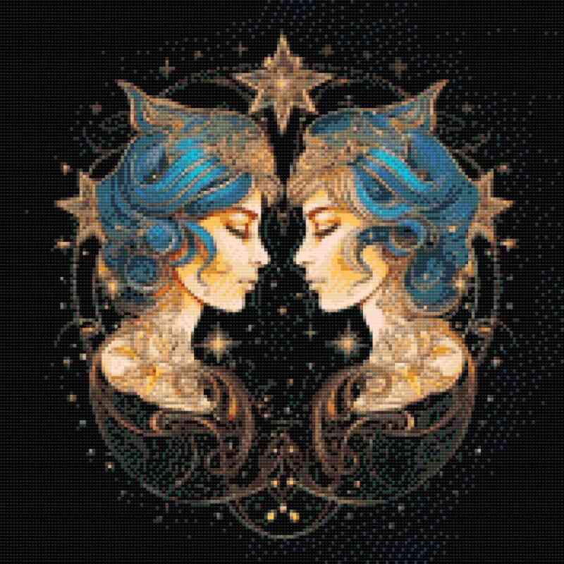 Diamond Art-maleriet af stjernetegnet Tvillingen folder sig ud i nuancer af blå og lyse toner mod en sort baggrund.