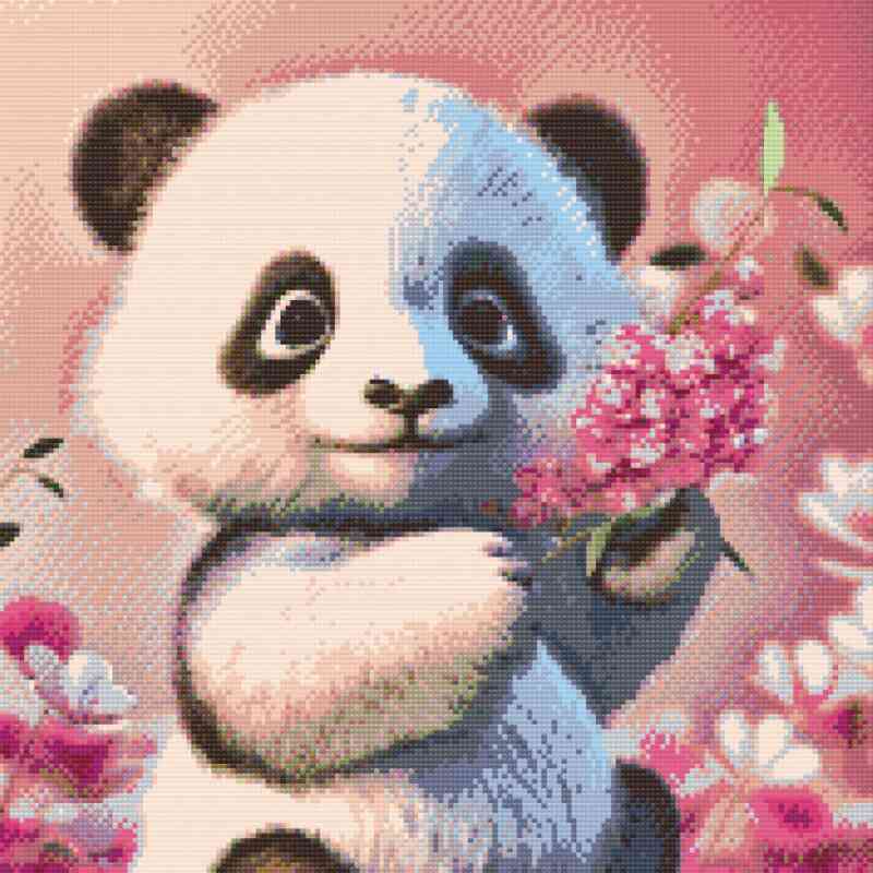 En sød Panda i Diamond Art på lyserød baggrund