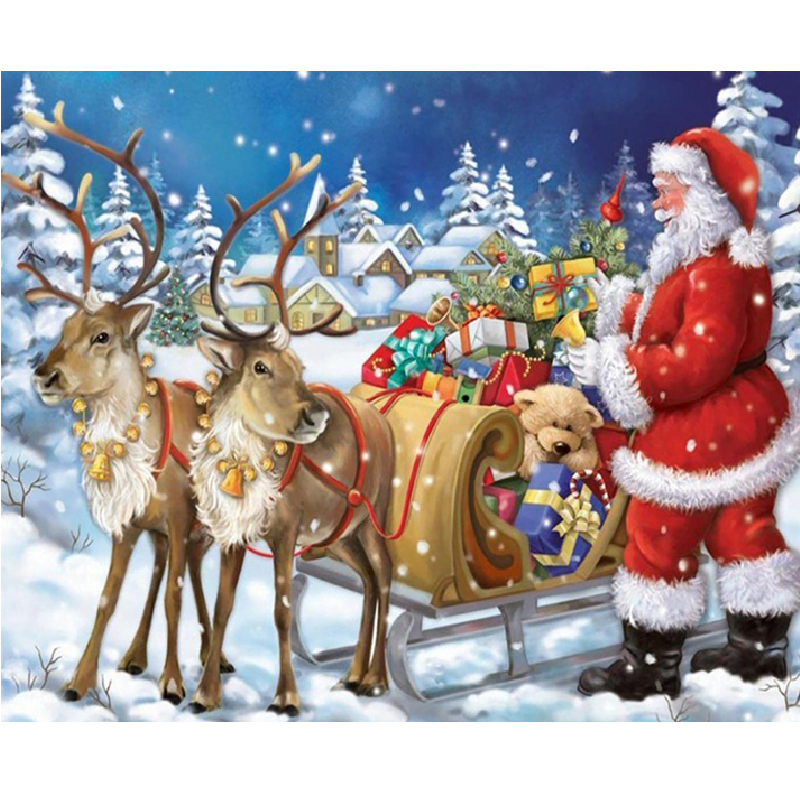 Skab en enestående julestemning med vores diamond art billede "Julemanden med gavefyldt kane". Dette hjertevarmende billede indfanger det magiske øjeblik, hvor julemanden stolt står ved sin overfyldte kane, fyldt med gaver til børn verden over.