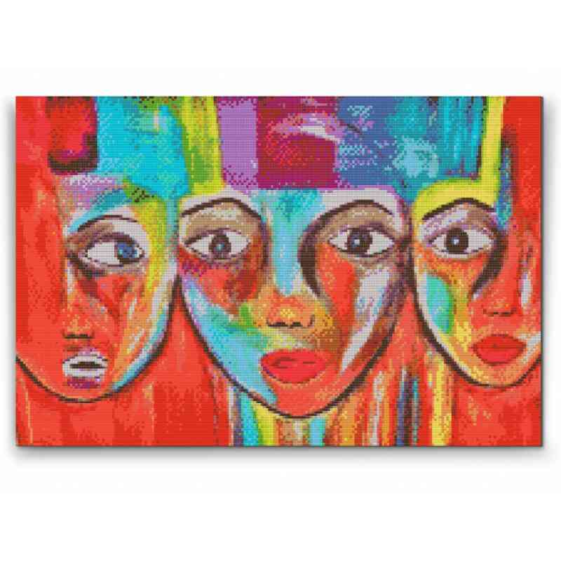 Giv dine sanser en fest med vores diamond art-billede, der præsenterer tre ansigter i en festlig blanding af regnbuens farver, fremhævet mod en strålende orange kulisse.
