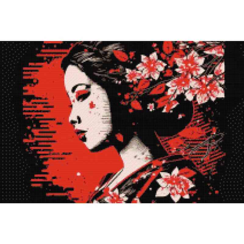 En diamantmaleri repræsenterer en elegant Geisha, der udtrykker sit musiske talent gennem et fortryllende mix af sort, hvidt og rødt.