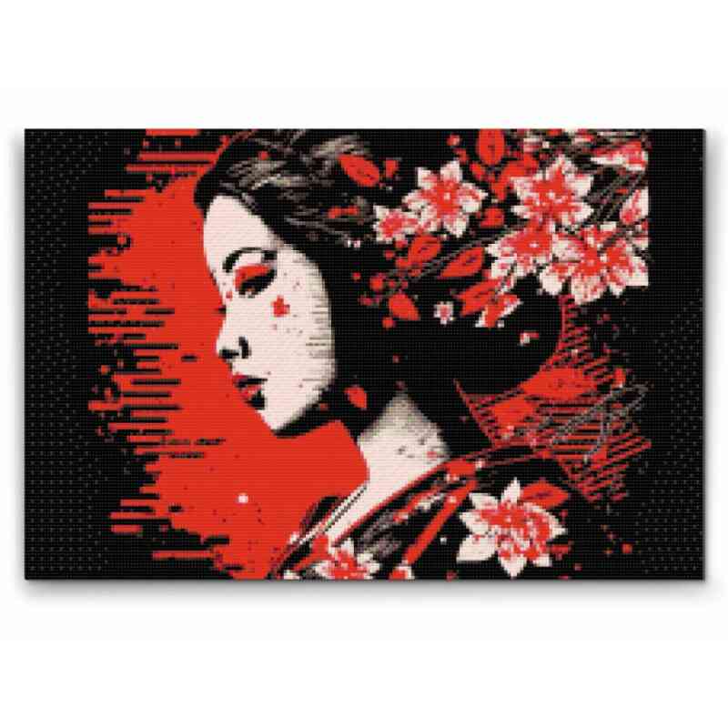 Et visuelt mesterværk af Geishaen i Diamond Art, hvor sort, hvidt og rødt smelter sammen og giver liv til hendes sjælfulde udtryk.