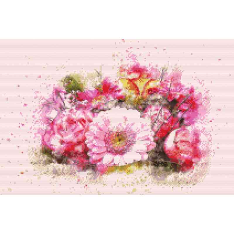 Udforsk skønheden i vores diamond art-billede, der viser en smuk buket i lyserøde nuancer med fortryllende blomster – det ultimative kunstværk for blomsterelskere.