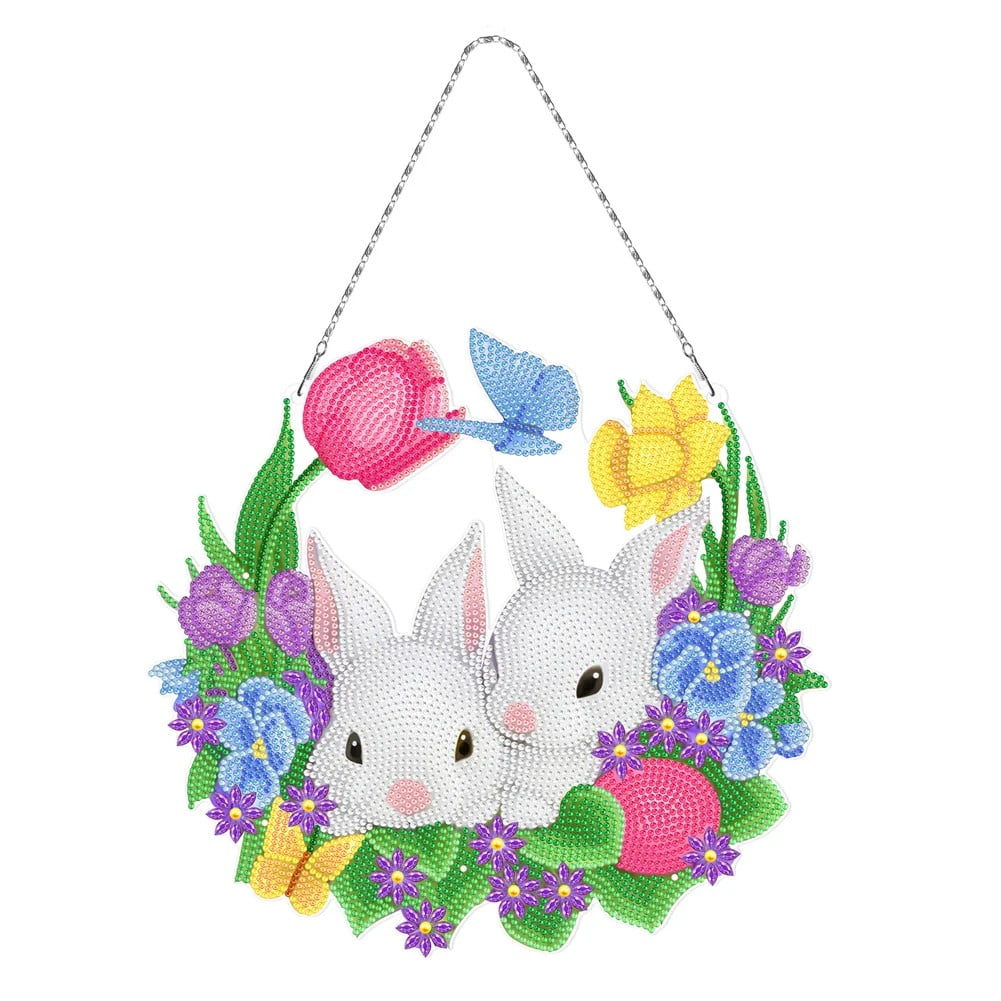 Diamond Painting - Krans med blomster og kaniner - til ophæng